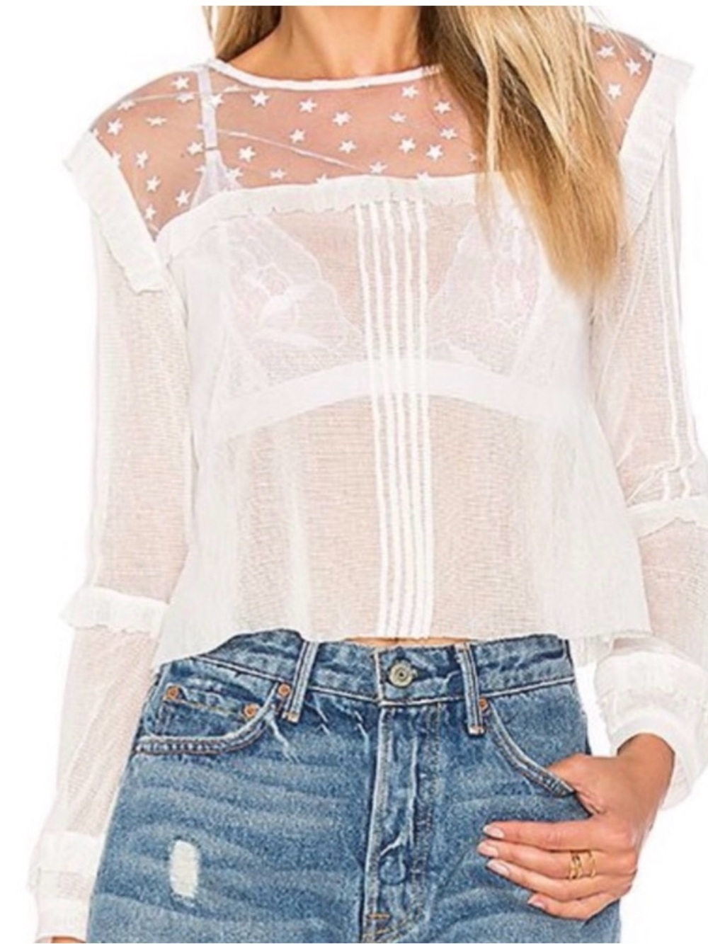 White Sheer Star-Embroidered Long Sleeve Blouse